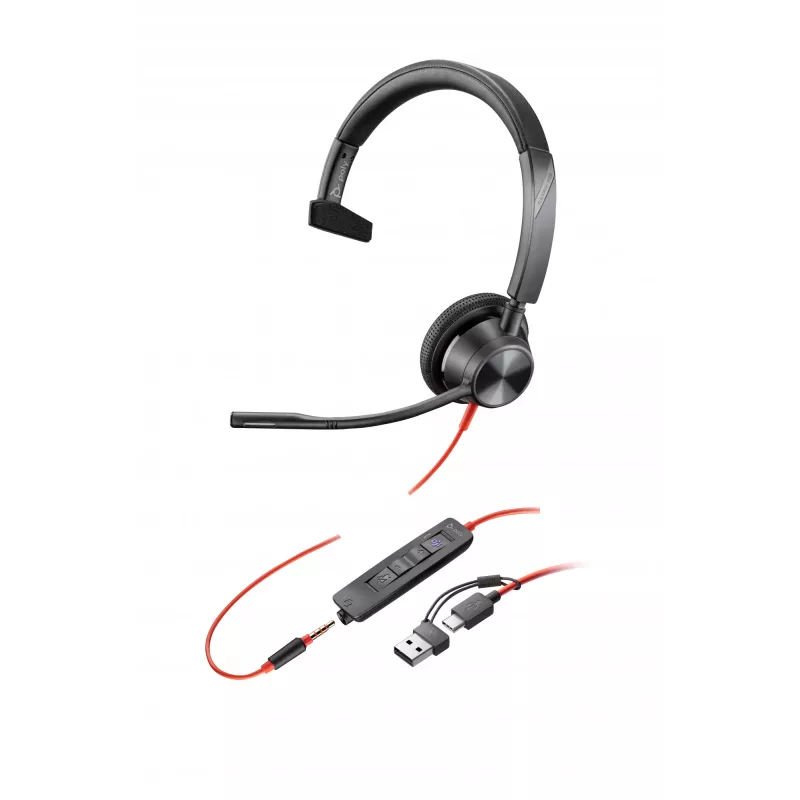 HP Poly Blackwire 3315 Monaural Microsoft Teams Certified USB-C Headset +3.5mm Plug +USB-C/A Adapter