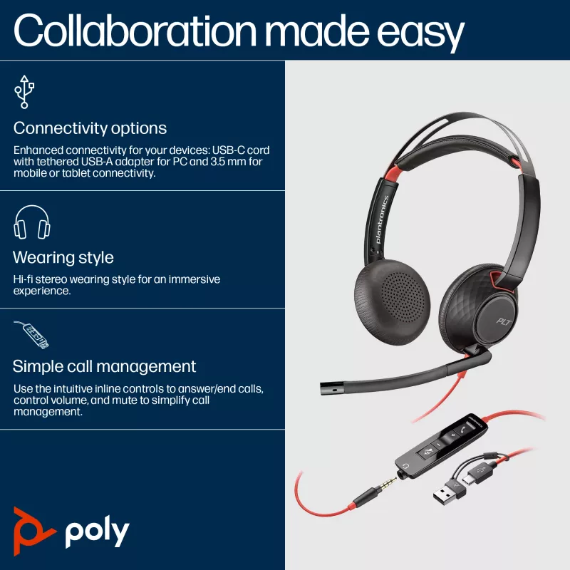 HP Poly Blackwire 5220 Stereo USB-C Headset +3.5mm Plug +USB-C/A Adapter (Bulk)