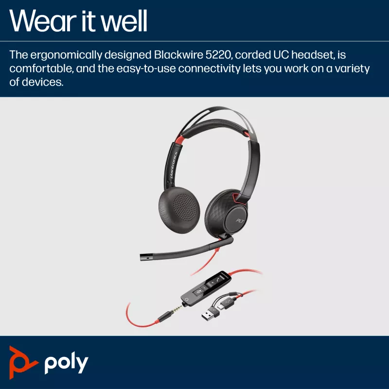 HP Poly Blackwire 5220 Stereo USB-C Headset +3.5mm Plug +USB-C/A Adapter (Bulk)