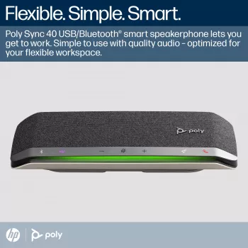 HP Poly Sync 40 Microsoft Teams Certified Speakerphone, Silver, Windows 10, Windows 11, MacOS, 30 h, RoHS, Federal Communications Commission (FCC), CE, 38 mm