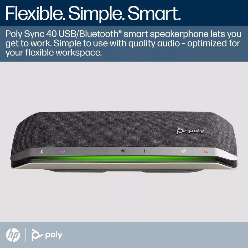 HP Poly Sync 40 Microsoft Teams Certified Speakerphone, Silver, Windows 10, Windows 11, MacOS, 30 h, RoHS, Federal Communications Commission (FCC), CE, 38 mm