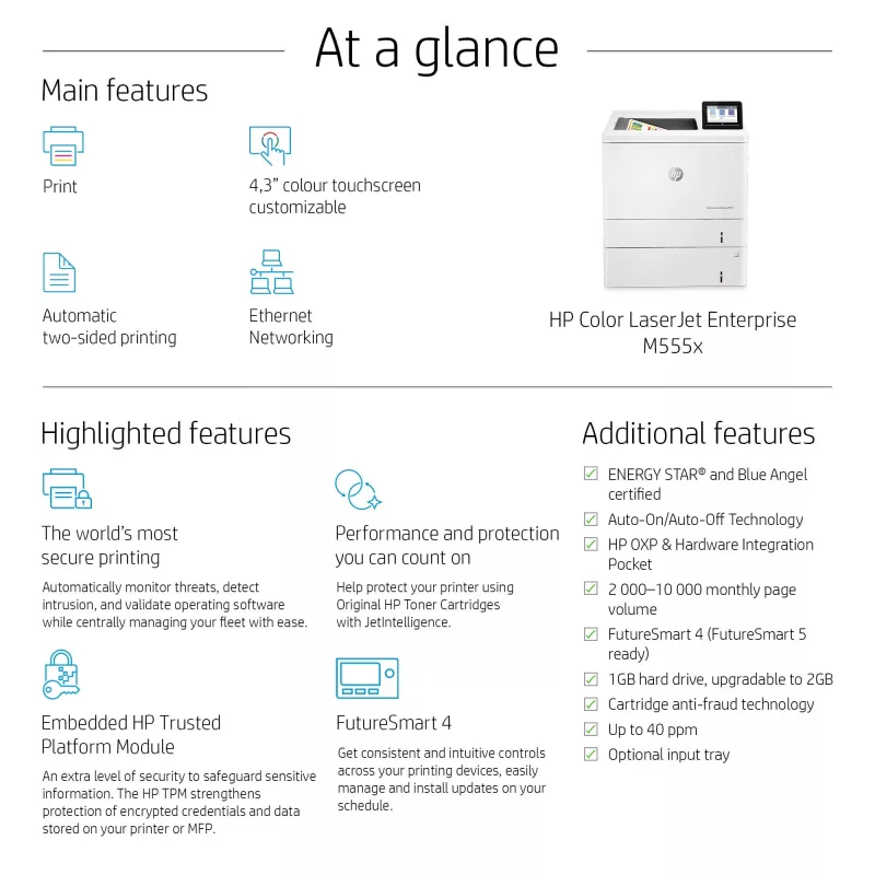 HP Color LaserJet Enterprise M555x, Laser, Colour, 1200 x 1200 DPI, A4, 38 ppm, Duplex printing