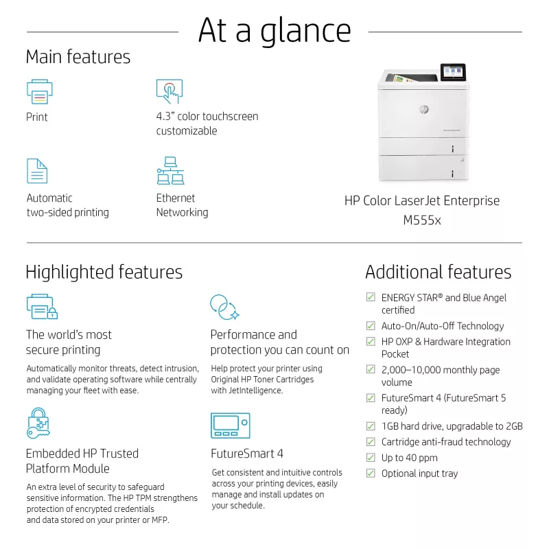 HP Color LaserJet Enterprise M555x, Laser, Colour, 1200 x 1200 DPI, A4, 38 ppm, Duplex printing