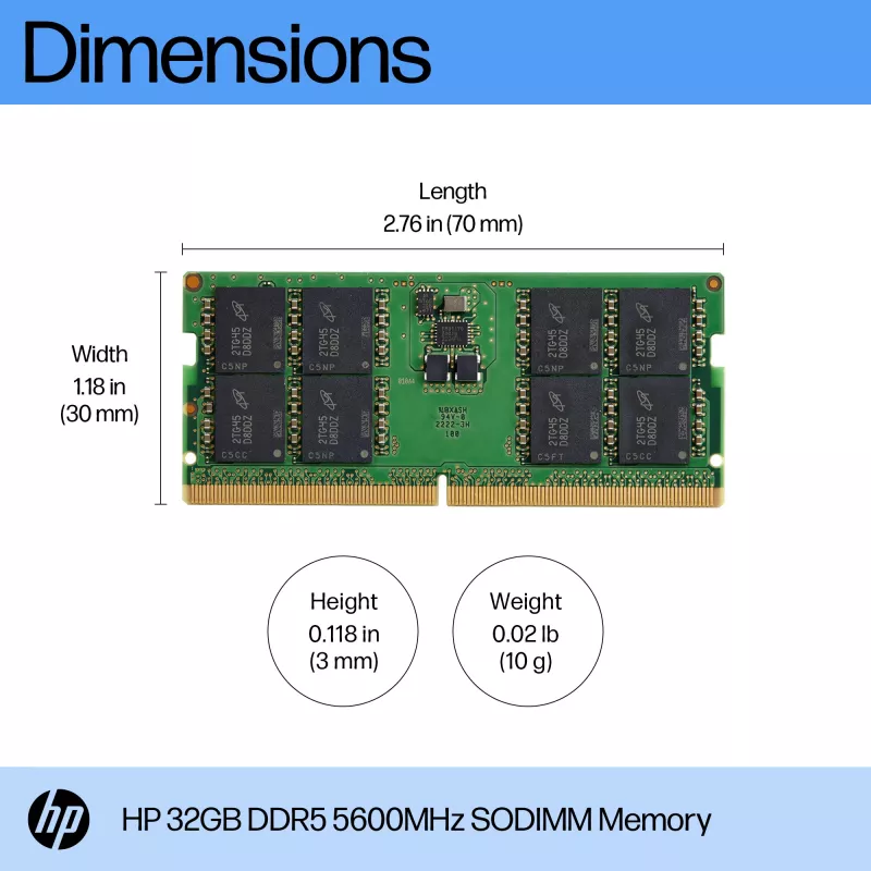 HP 32GB DDR5 5600 SODIMM Memory, 32 GB, DDR5, 5600 MHz, 262-pin SO-DIMM