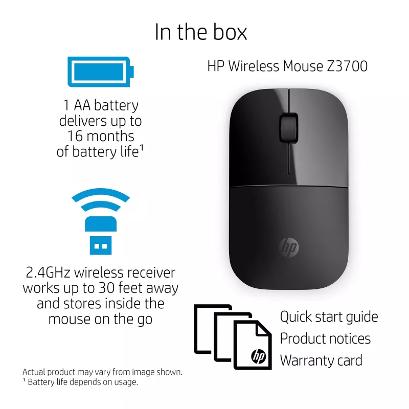 HP Z3700 Black Wireless Mouse, Ambidextrous, Optical, RF Wireless, 1200 DPI, Black