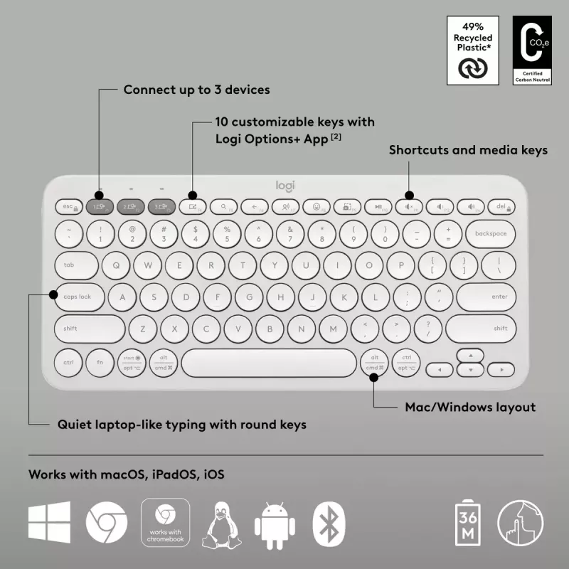 Compact mini keyboard Logitech Pebble Keys 2 K380s — RF Wireless + Bluetooth, QWERTY US International, white