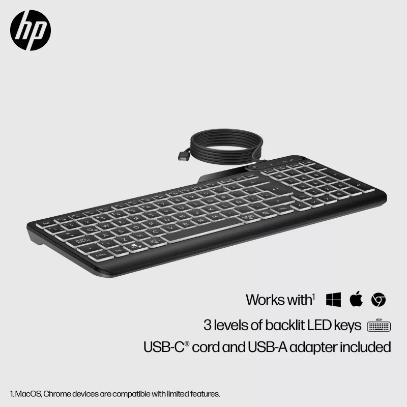 HP 405 Multi-Device Backlit Wired Keyboard, Full-size (100%), Wired, USB, Membrane, QWERTY, Black