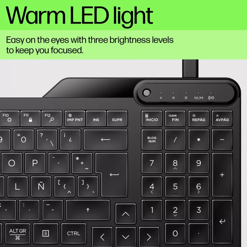 HP 405 Multi-Device Backlit Wired Keyboard, Full-size (100%), Wired, USB, Membrane, QWERTY, Black
