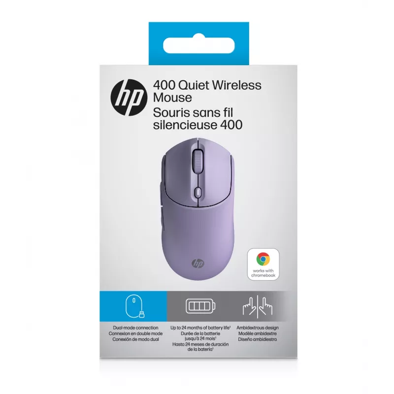 HP 400 Quiet Purple Wireless Mouse, Ambidextrous, RF Wireless + Bluetooth, 6000 DPI, Purple