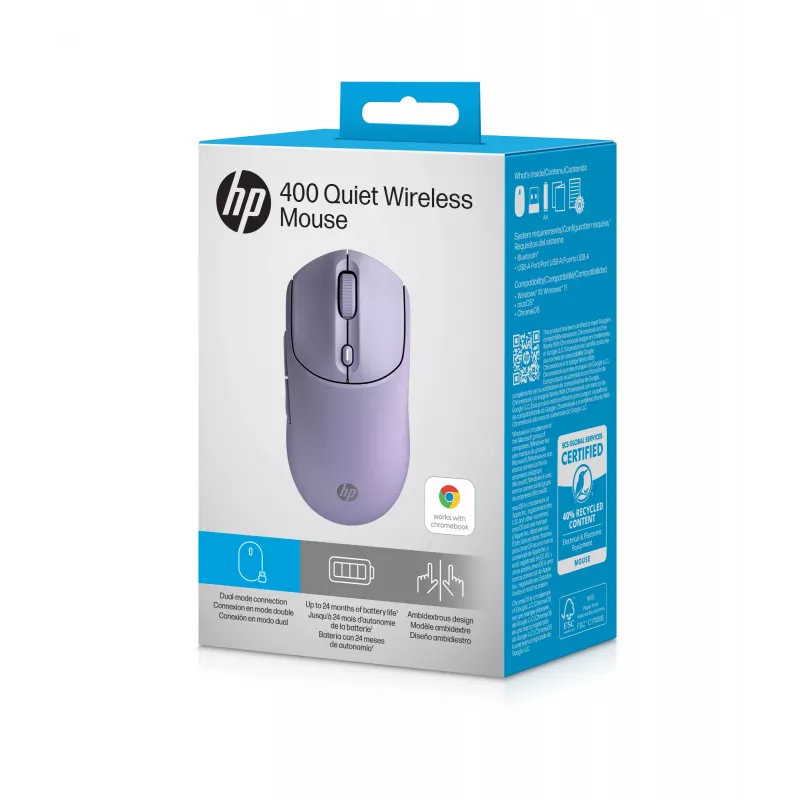 HP 400 Quiet Purple Wireless Mouse, Ambidextrous, RF Wireless + Bluetooth, 6000 DPI, Purple