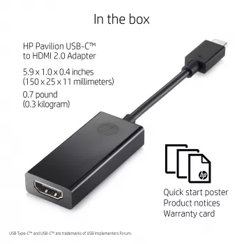 HP USB-C to HDMI 2.0 Black 111.2mm Width 44.2mm Depth 17.1mm Height