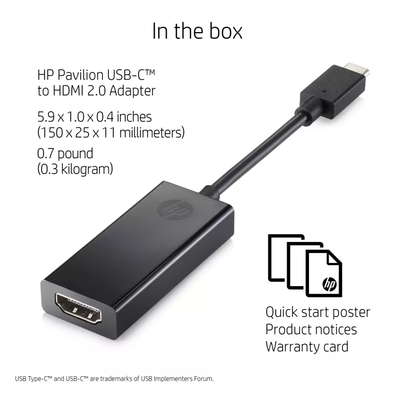 HP USB-C to HDMI 2.0 Black 111.2mm Width 44.2mm Depth 17.1mm Height