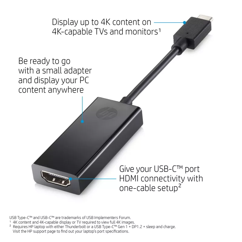 HP USB-C to HDMI 2.0 Black 111.2mm Width 44.2mm Depth 17.1mm Height