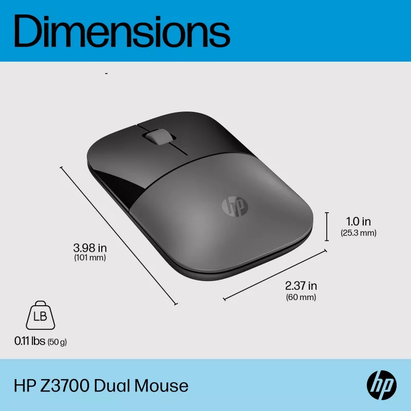 HP Z3700 Dual Silver Mouse, Ambidextrous, RF Wireless + Bluetooth, Silver