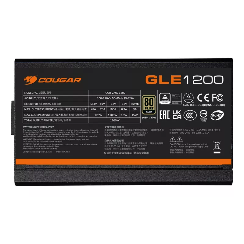 COUGAR Power Supply GLE 1000W ATX3.1 / 80 Plus Gold, 1000 W, 100 - 240 V, 50/60 Hz, 15-7.5 A, 120 W, 1000 W