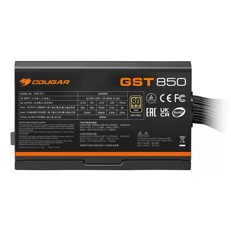 COUGAR Power Supply GST 850W ATX3.1 / 80 Plus Gold, 850 W, 100 - 240 V, 50/60 Hz, 12 - 6 A, 120 W, 850 W