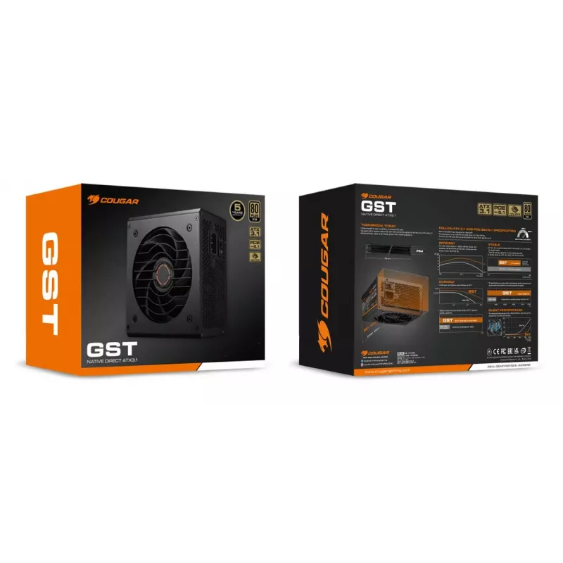 COUGAR Power Supply GST 850W ATX3.1 / 80 Plus Gold, 850 W, 100 - 240 V, 50/60 Hz, 12 - 6 A, 120 W, 850 W