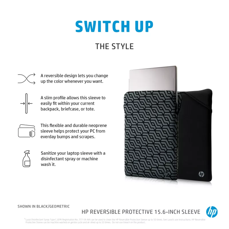 HP Reversible Protective 15.6-inch Geo Laptop Sleeve, Sleeve case, 190 g