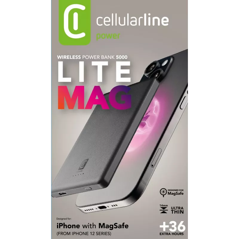 Cellularline Mag Lite 5000 5000mAh Wireless Power Bank compatible with Mag Safe technology