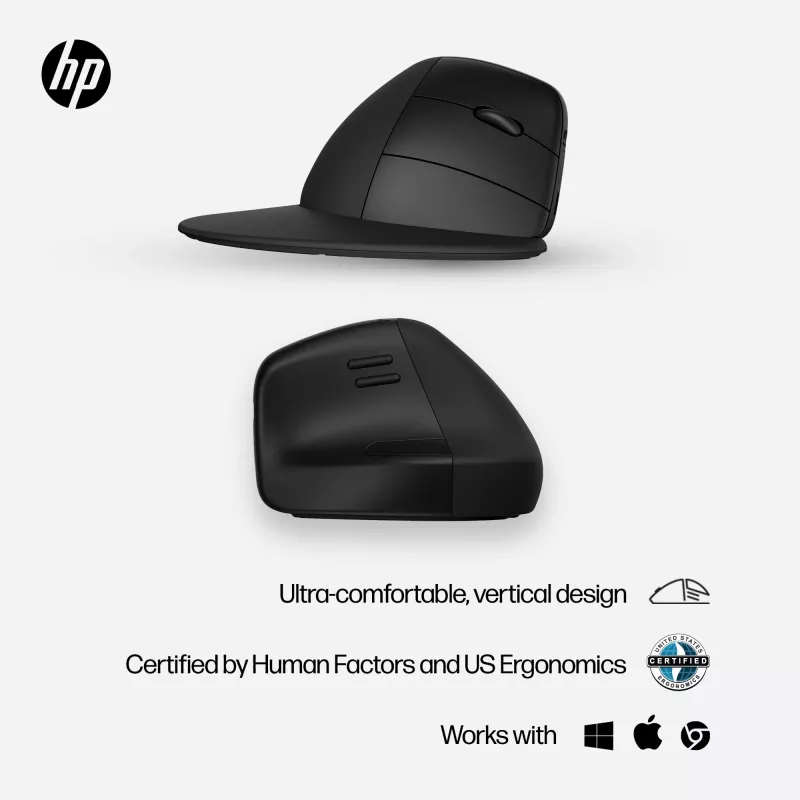 HP 920 Ergonomic Wireless Mouse, Right-hand, Vertical design, Bluetooth + USB Type-A, 4000 DPI, Black