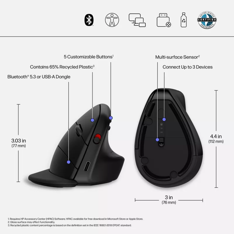 HP 920 Ergonomic Wireless Mouse, Right-hand, Vertical design, Bluetooth + USB Type-A, 4000 DPI, Black