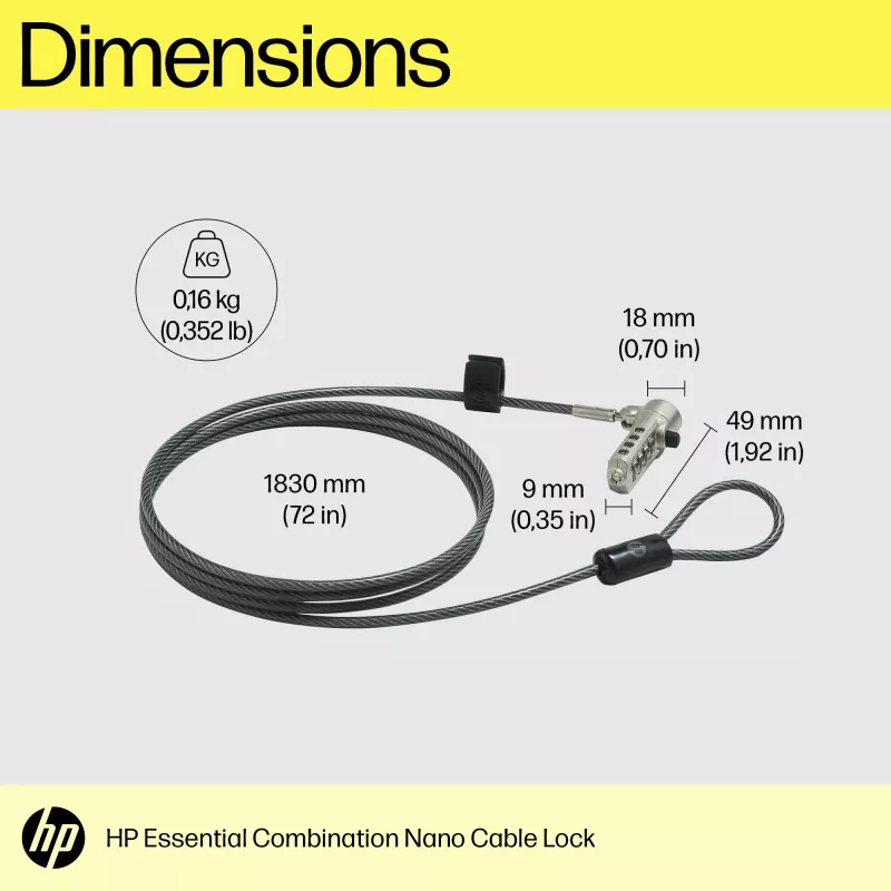 HP Essential Nano Combination Cable Lock, 1.83 m, Combination lock, Stainless steel