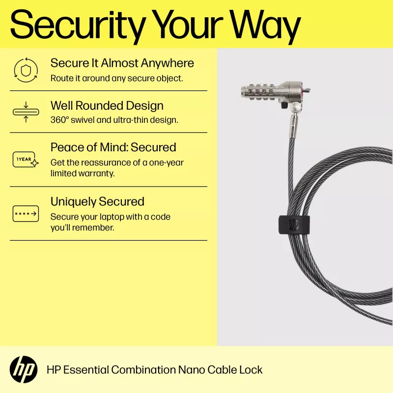 HP Essential Nano Combination Cable Lock, 1.83 m, Combination lock, Stainless steel