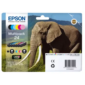 Epson Elephant Multipack 6-colours 24 Claria Photo HD Ink, Standard Yield, Black, Cyan, Light Cyan, Magenta, Light magenta, Yellow, 5.1 ml, 4.6 ml, 6 pc(s), Multi pack