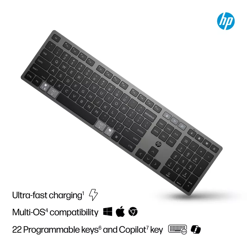 HP 725 Multi-Device Rechargeable Wireless Keyboard, Full-size (100%), Wireless, RF Wireless + Bluetooth, Black