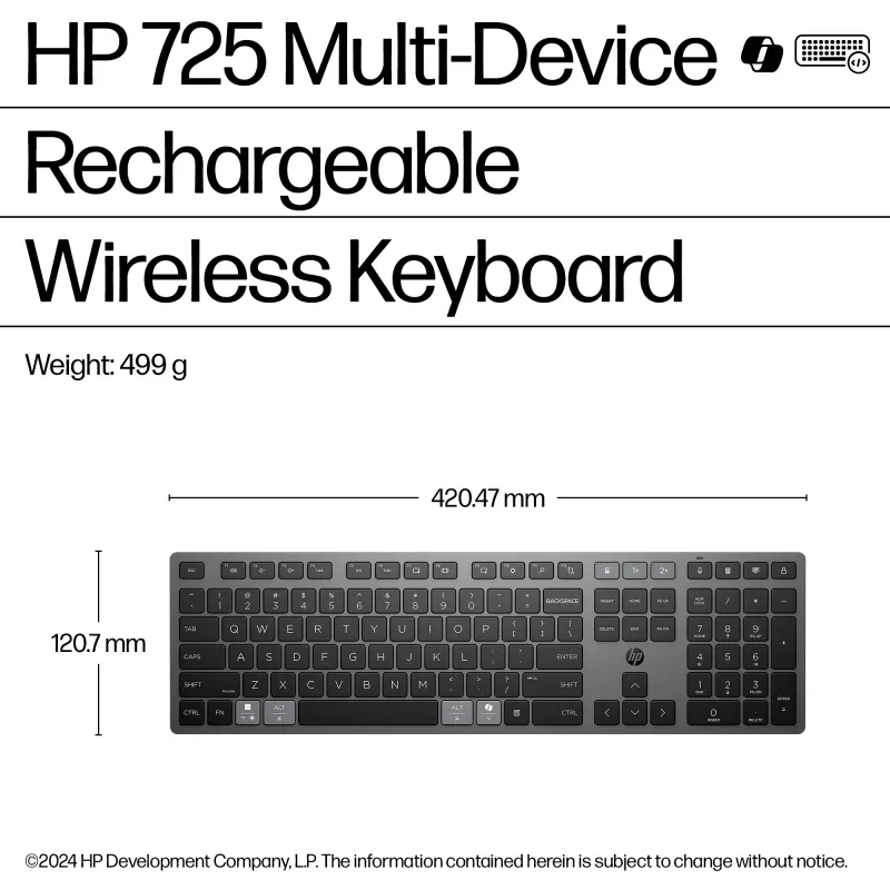 HP 725 Multi-Device Rechargeable Wireless Keyboard, Full-size (100%), Wireless, RF Wireless + Bluetooth, Black