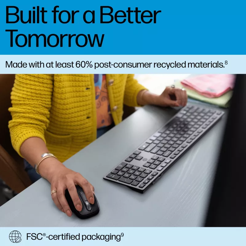 HP 725 Multi-Device Rechargeable Wireless Keyboard, Full-size (100%), Wireless, RF Wireless + Bluetooth, Black