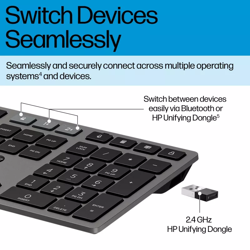 HP 725 Multi-Device Rechargeable Wireless Keyboard, Full-size (100%), Wireless, RF Wireless + Bluetooth, Black