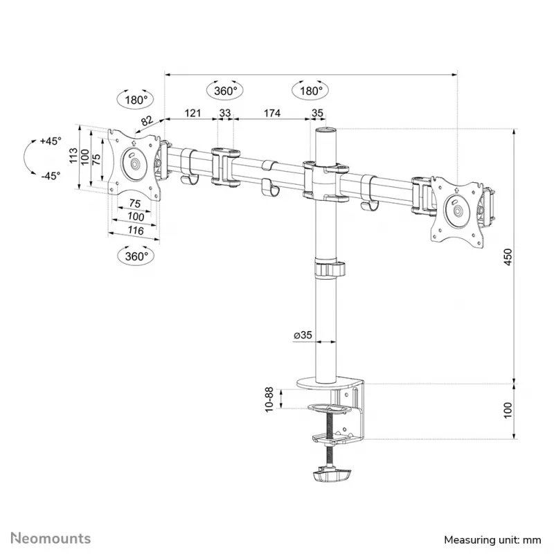 Neomounts NM-D135DBLACK Monitor arm 10-27 inch, Clamp/Grommet, 8 kg, 25.4 cm (10 inch), 68.6 cm (27 inch), 100 x 100 mm, Black