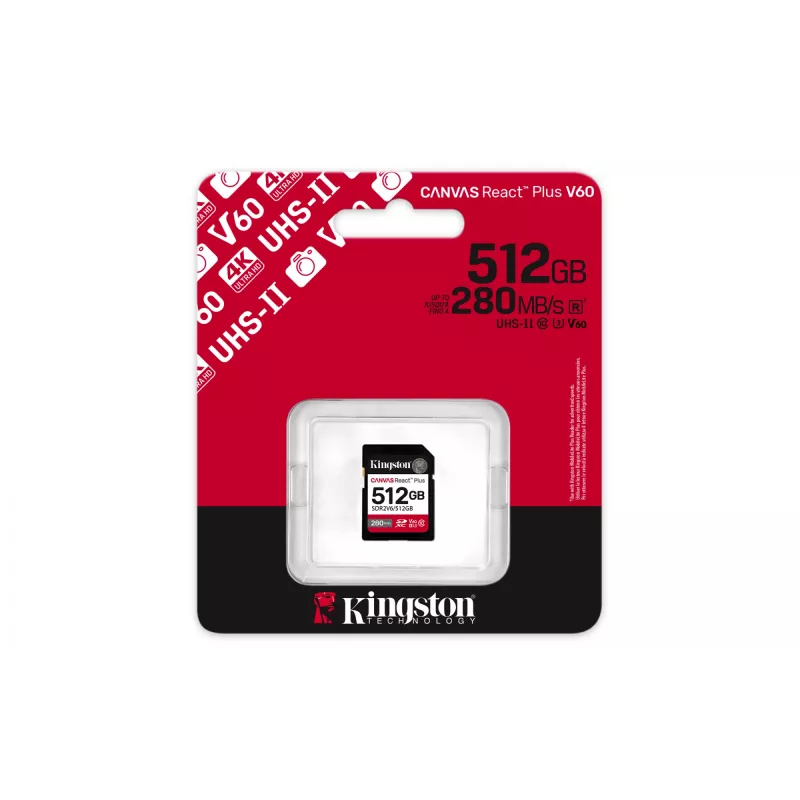 Kingston Technology 512GB Canvas React Plus SDXC UHS-II 280R/150W U3 V60 for Full HD/4K