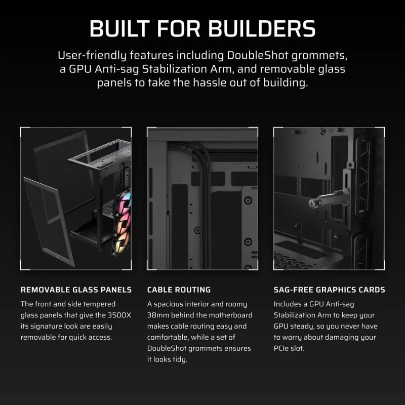 PC Midi Tower case CORSAIR 3500X RS-R ARGB — Black, tempered glass, supports ATX/EATX/Micro-ITX, 3x120 mm front fans