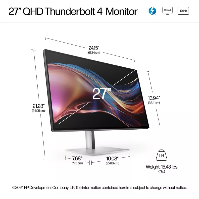 HP Series 7 Pro 27 inch QHD Thunderbolt 4 Monitor - 727pu, 68.6 cm (27 inch), 2560 x 1440 pixels, Quad HD, LCD, 5 ms, Black