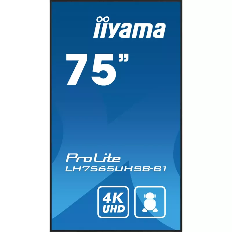 iiyama LH7565UHSB-B1 Signage Display Kiosk design 189.2 cm (74.5 inch) LED Wi-Fi 800 cd/m² 4K Ultra HD Black Built-in processor Android 11 24/7