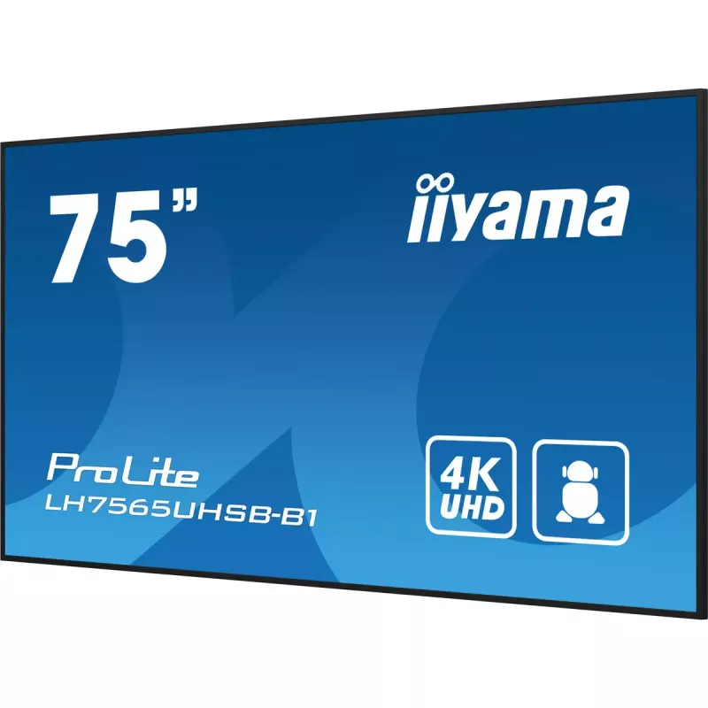 iiyama LH7565UHSB-B1 Signage Display Kiosk design 189.2 cm (74.5 inch) LED Wi-Fi 800 cd/m² 4K Ultra HD Black Built-in processor Android 11 24/7