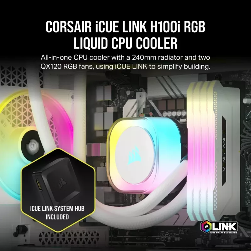 CORSAIR CPU Cooler - Icue Link H100I RGB Aio Liquid Cooler - White