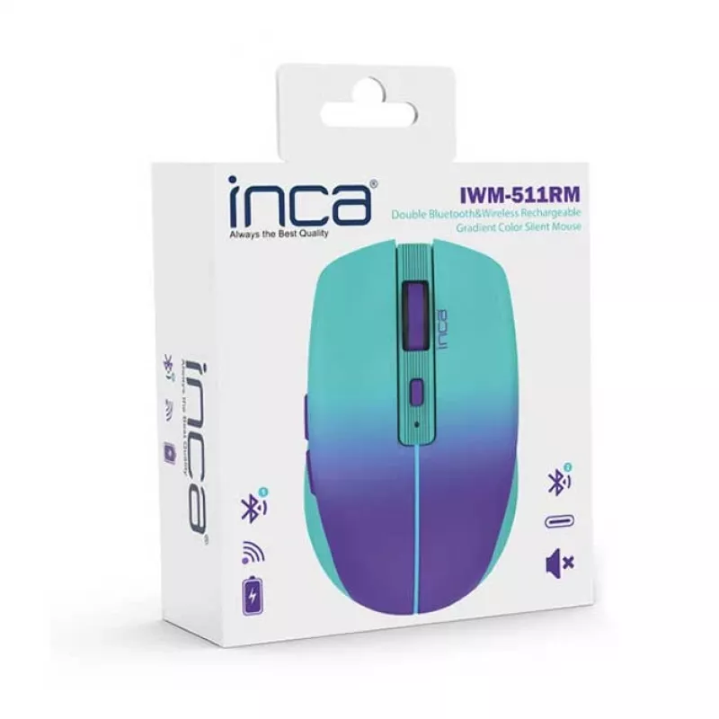 INCA Wireless Mouse Iwm-511rm - Rf Wireless + Bluetooth + USB Type-c - 1600dpi - 6buttons - Green Violet