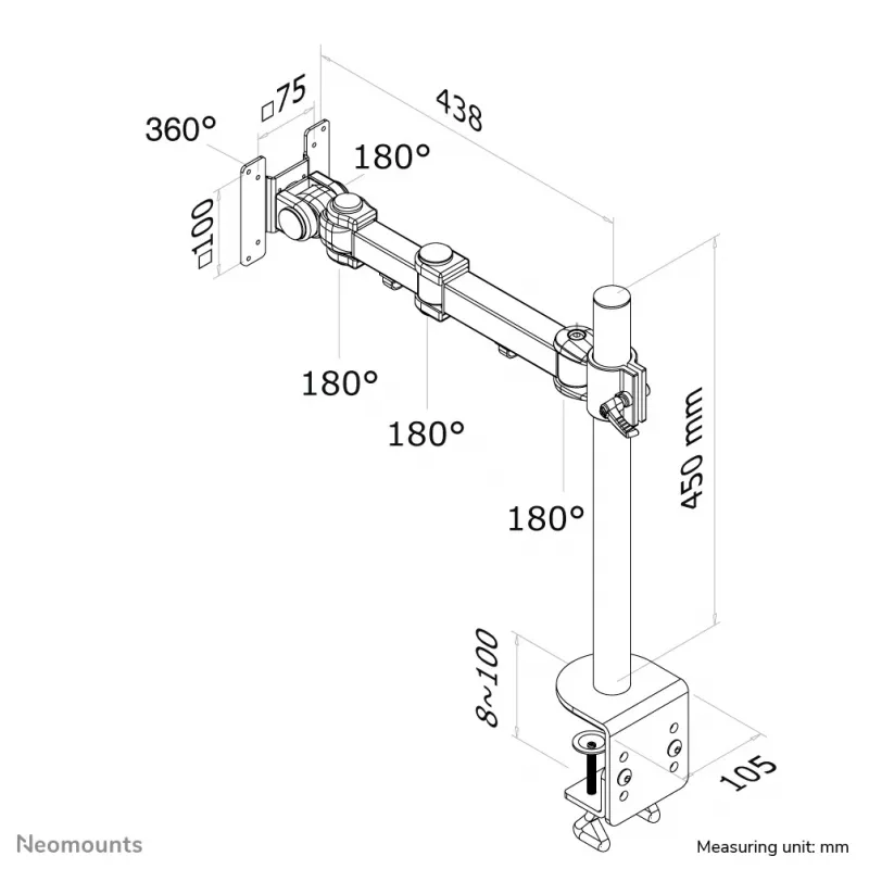 Neomounts FPMA-D960 Monitor arm 10-30 inch, Clamp, 10 kg, 25.4 cm (10 inch), 76.2 cm (30 inch), 100 x 100 mm, Black