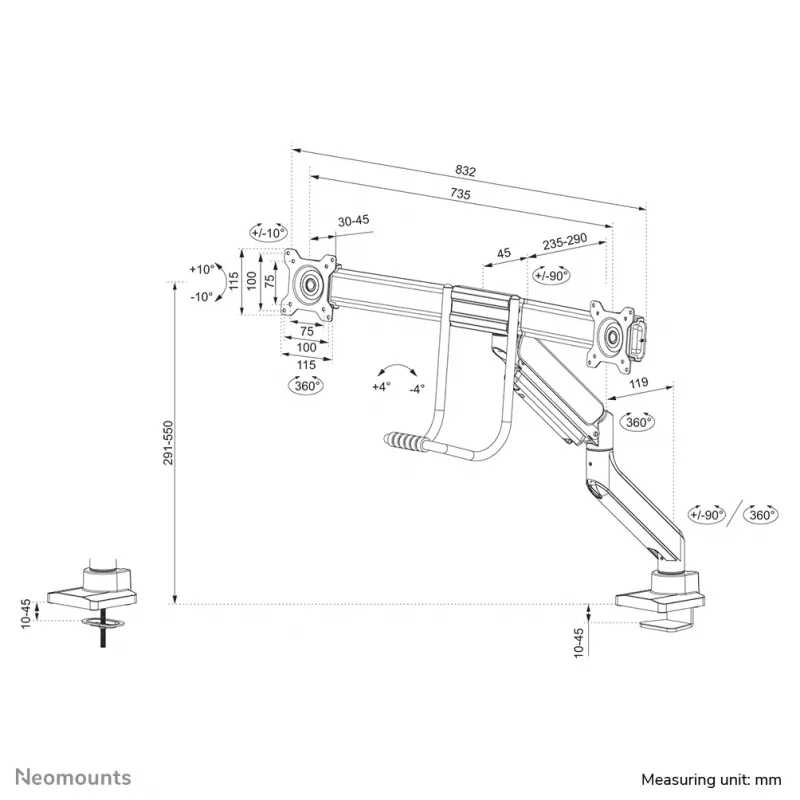 Neomounts DS75-450WH2 Monitor arm 17-32 inch - gas spring - Topfix - 180°-stop