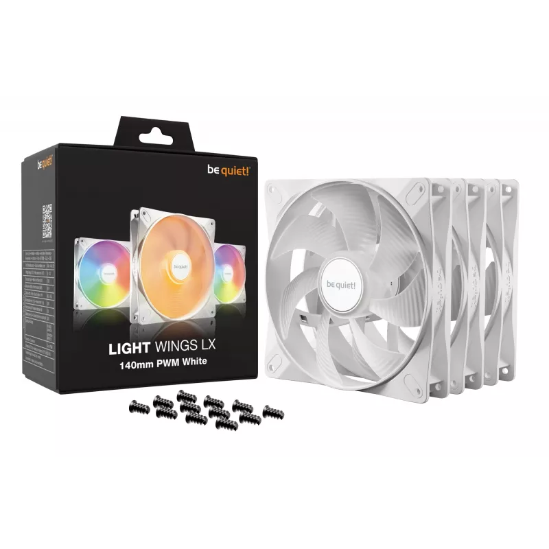 bequiet! LIGHT WINGS LX 140mm PWM 3-Pack White — 140×25 mm fans, 1200 RPM, 95 m³/h, RGB LEDs