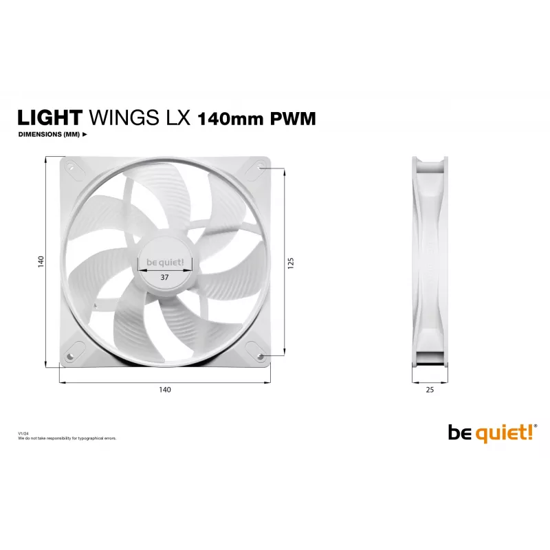 bequiet! LIGHT WINGS LX 140mm PWM 3-Pack White — 140×25 mm fans, 1200 RPM, 95 m³/h, RGB LEDs