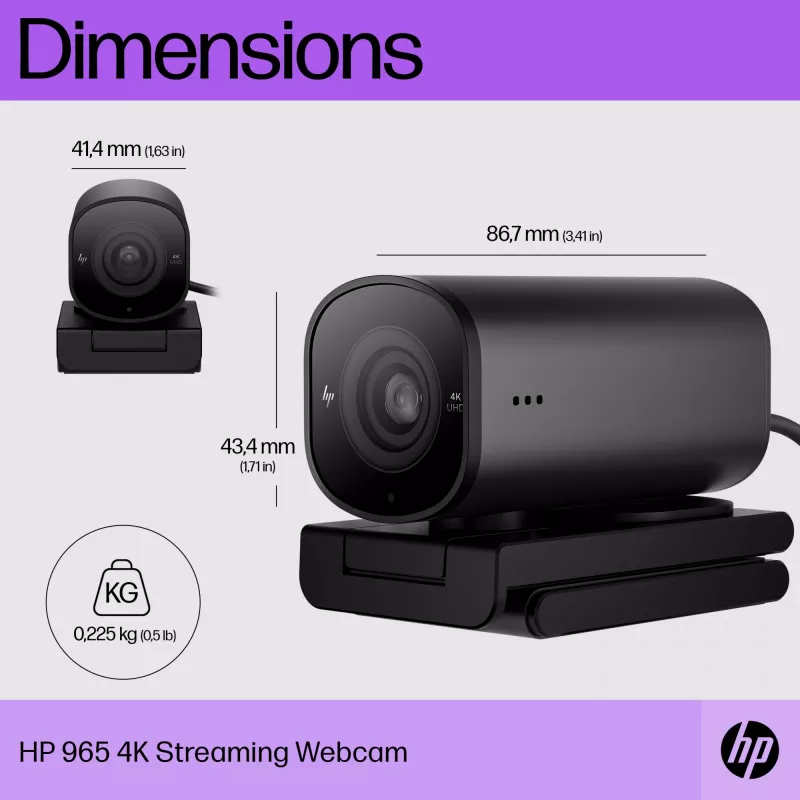 HP 965 4K Streaming Webcam, 8 MP, 3840 x 2160 pixels, Full HD, 60 fps, 1280x720@30fps, 1280x720@60fps, 1920x1080@30fps, 1920x1080@60fps, 3840x2160@30fps, USB