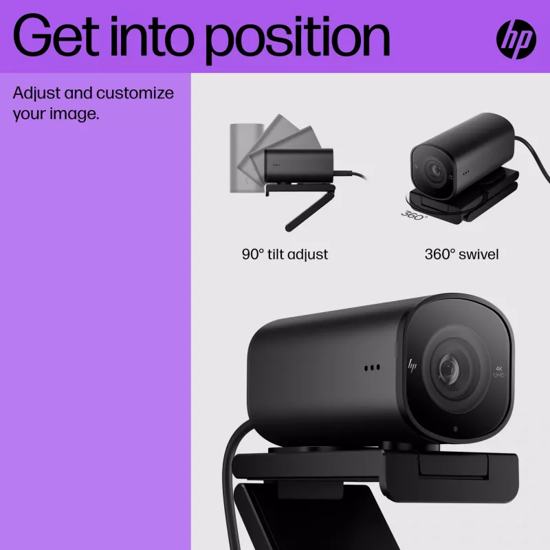 HP 965 4K Streaming Webcam, 8 MP, 3840 x 2160 pixels, Full HD, 60 fps, 1280x720@30fps, 1280x720@60fps, 1920x1080@30fps, 1920x1080@60fps, 3840x2160@30fps, USB