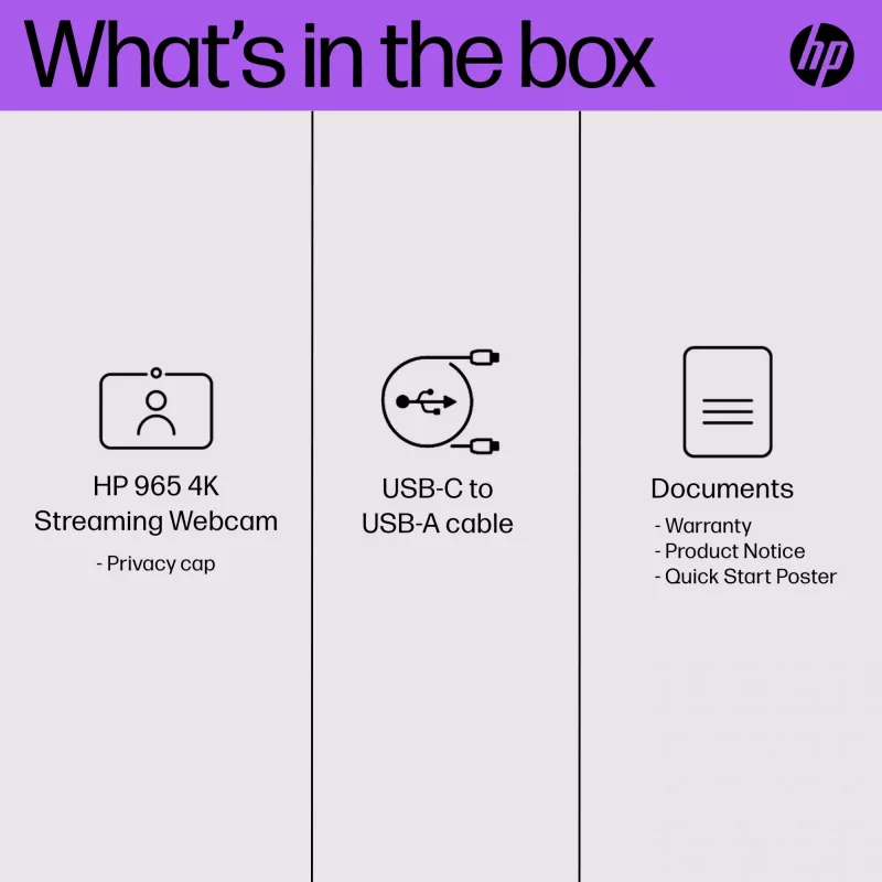HP 965 4K Streaming Webcam, 8 MP, 3840 x 2160 pixels, Full HD, 60 fps, 1280x720@30fps, 1280x720@60fps, 1920x1080@30fps, 1920x1080@60fps, 3840x2160@30fps, USB