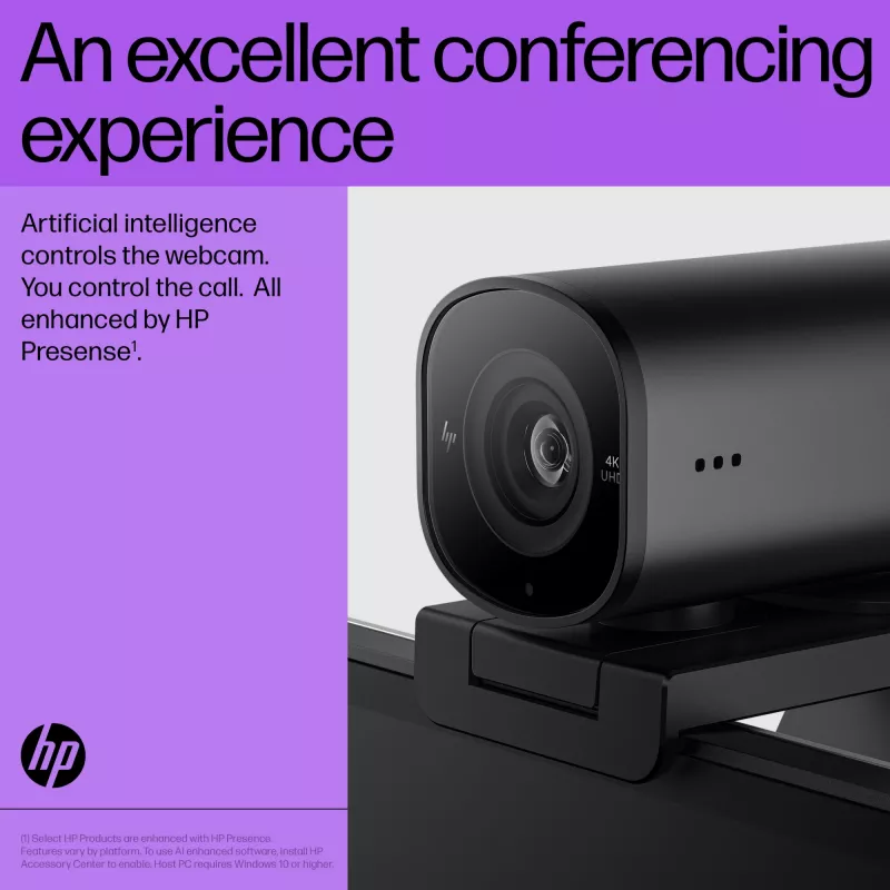 HP 965 4K Streaming Webcam, 8 MP, 3840 x 2160 pixels, Full HD, 60 fps, 1280x720@30fps, 1280x720@60fps, 1920x1080@30fps, 1920x1080@60fps, 3840x2160@30fps, USB