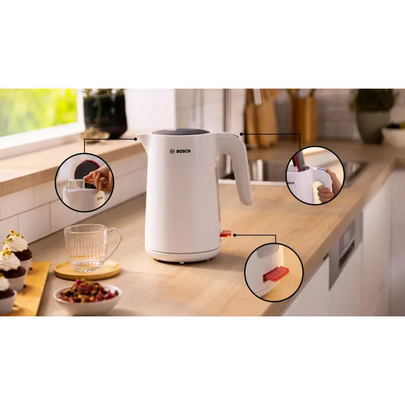 Electric kettle Bosch TWK2M161, 1.7 L, 2400 W, white, plastic housing, 360° base