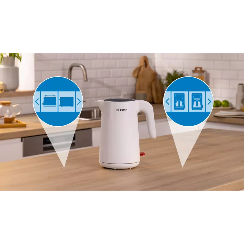 Electric kettle Bosch TWK2M161, 1.7 L, 2400 W, white, plastic housing, 360° base